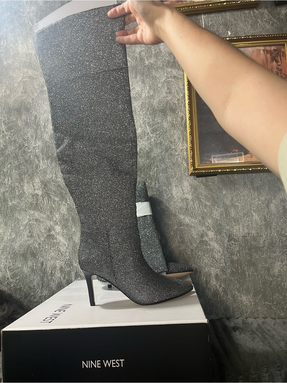 Nine West Sparkle Black Over-the-Knee Pointed Stiletto Boots